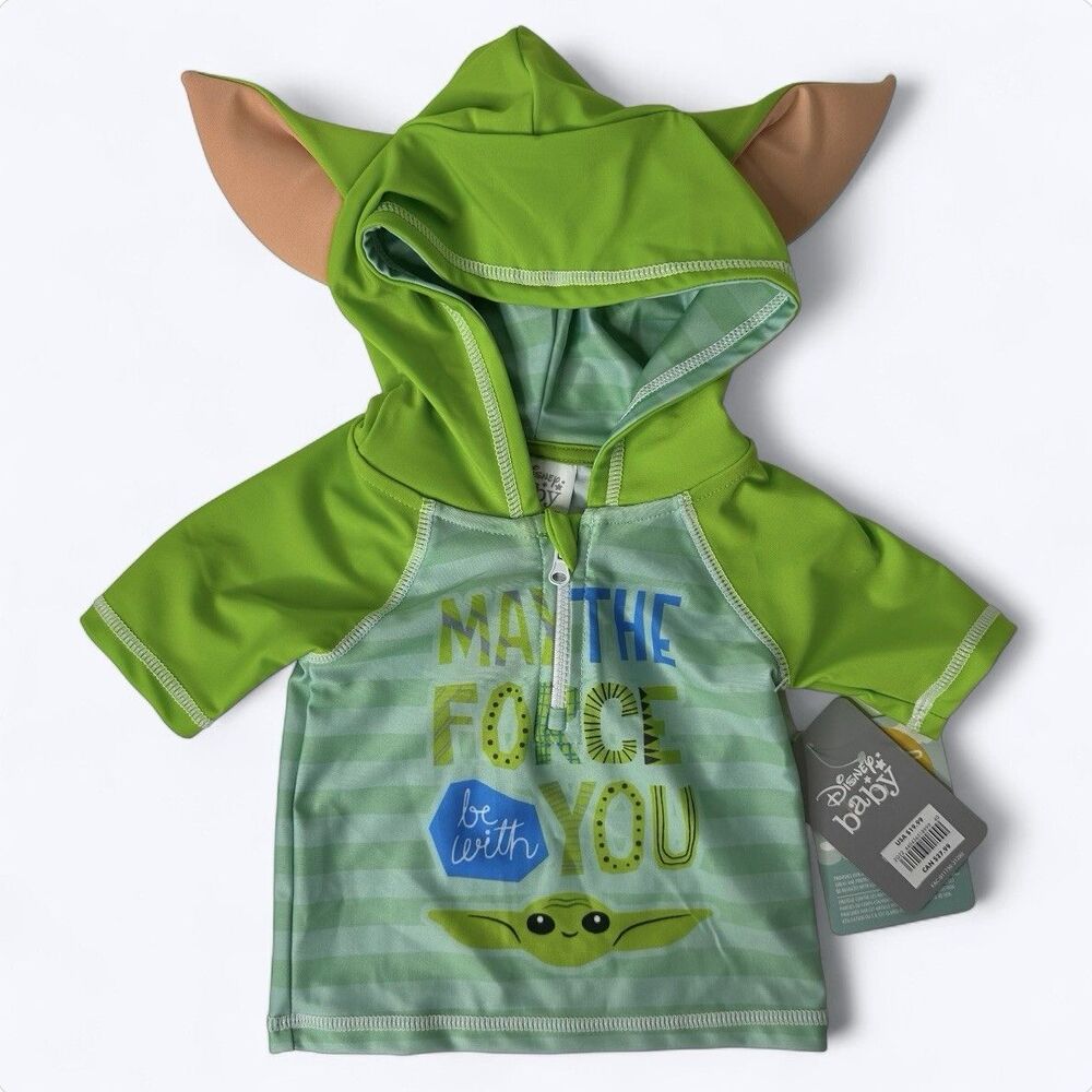 Disney Baby Yoda Rash Guard 3-6M Hooded Swim Shirt UPF 50+ NWT Star Wars Green